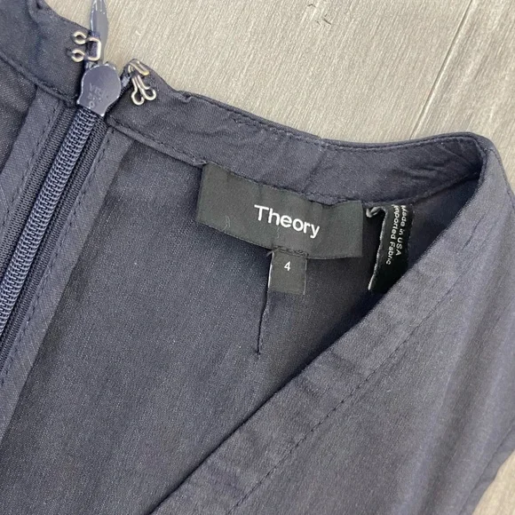 THEORY LINEN KALSINGTON FIT & FLARE DRESS 4 NAVY BLUE MIDI SLEEVELESS POCKETS - Picture 5 of 16